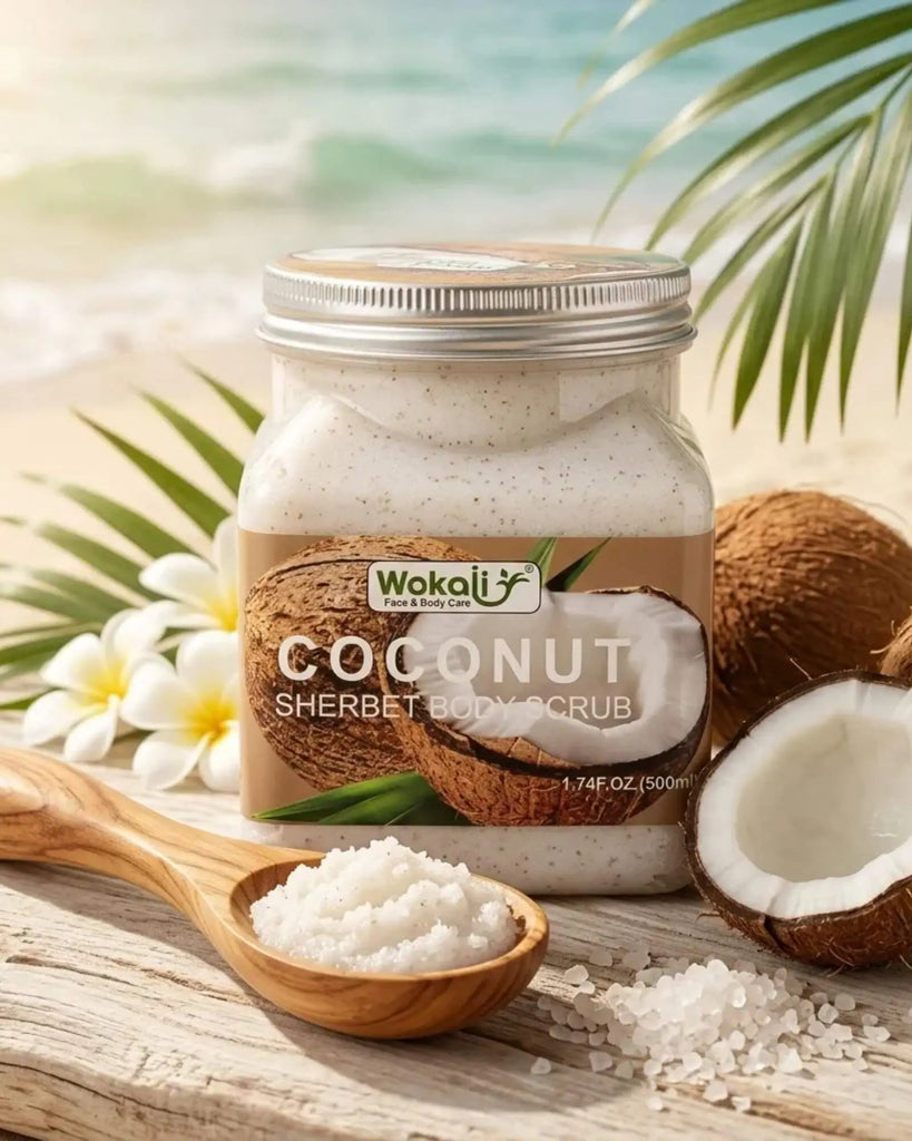 Coconut Sherbet Cream Scrub jar front view for deep skin exfoliation and face whitening